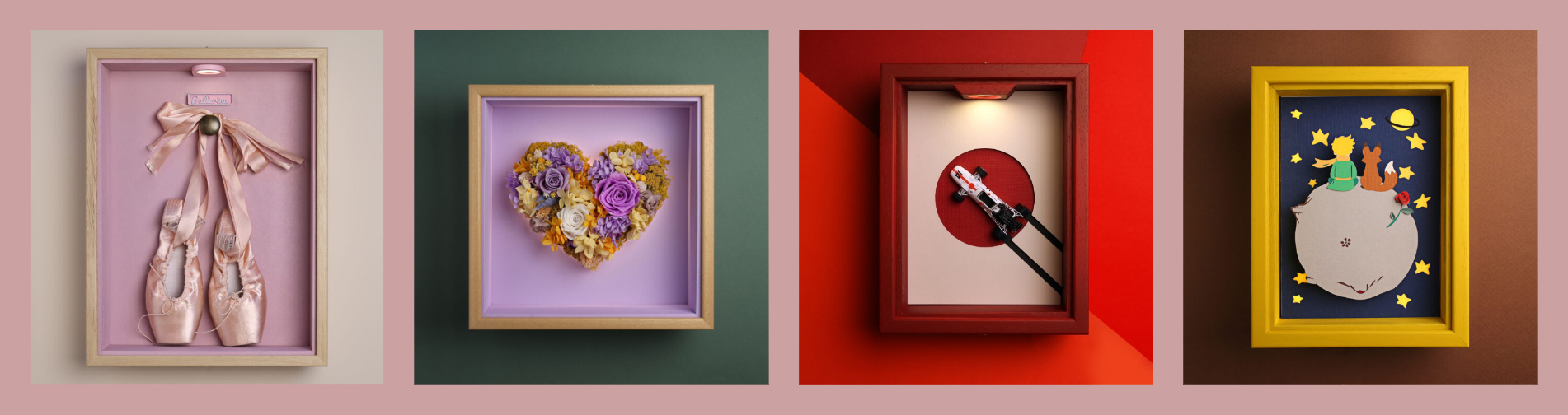 Selección de cuadros decorativos de Singular Luz con diseños de ballet, flores, motor y papel